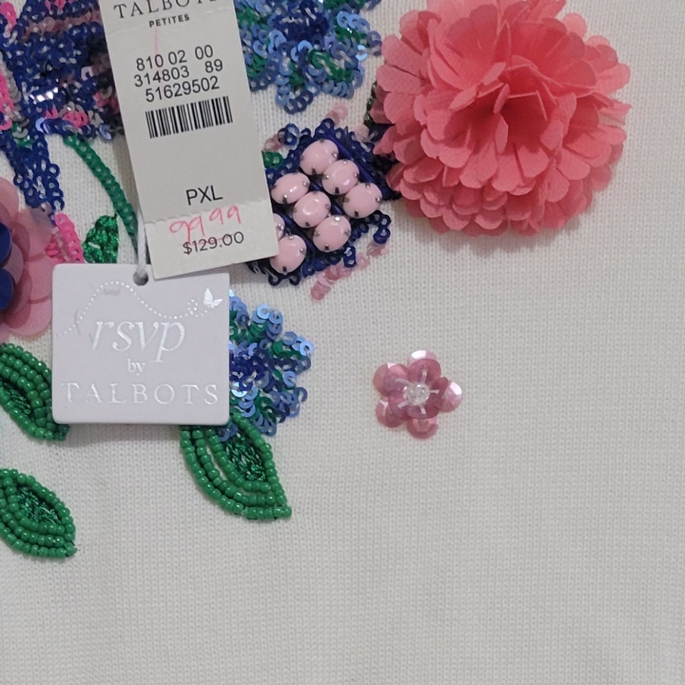 Talbots White Sweater with Colorful Floral Accents